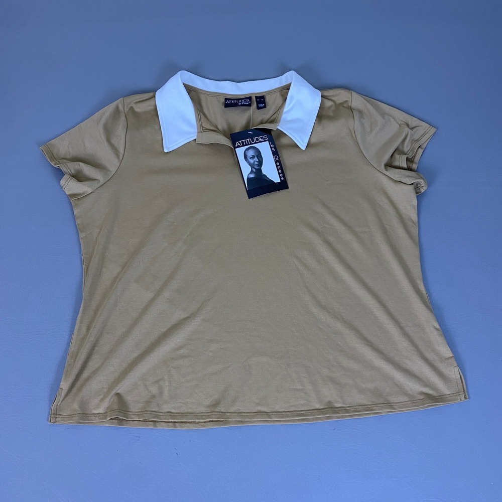 Attitudes by Renee Polo Shirt Women's Size XL Tan Short Sleeve White Collar NWT